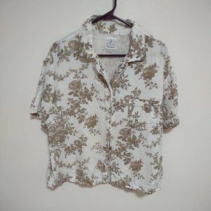 Via Vai L Linen Shirt Mother of Pearl Button Classic Bronze Vine Pattern